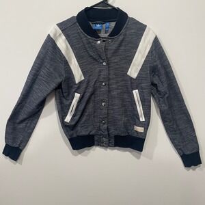 Adidas Womens Jacket Small S Gray White 3 Stripe Snap Front Bomber‎ Athleisure